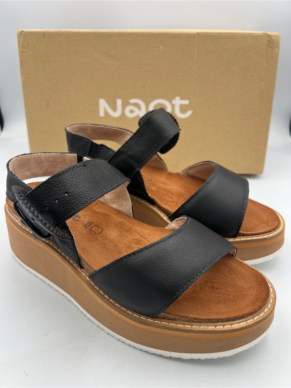NAOT Footwear Women's Crepe Sandal Soft Black Leather  Camel Sole EU37 US 6-6.5